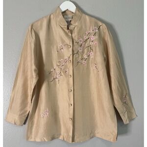 100% Silk Embroidered Cherry Blossom Mandarin Collar Jacket Blouse Art To Wear M